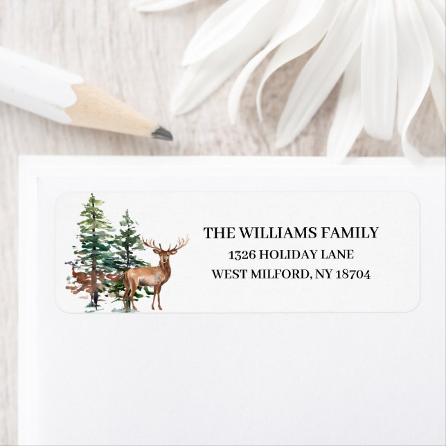Rustic Watercolor Pine Tree Deer Address Label (Insitu)