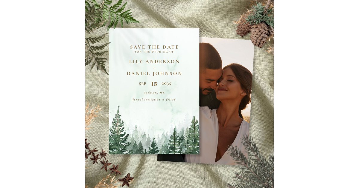 Rustic Watercolor Pine Tree Forest Photo Wedding Save The Date | Zazzle
