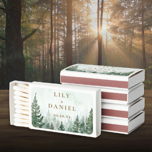 Rustic Watercolor Pine Tree Forest Wedding Matchboxes