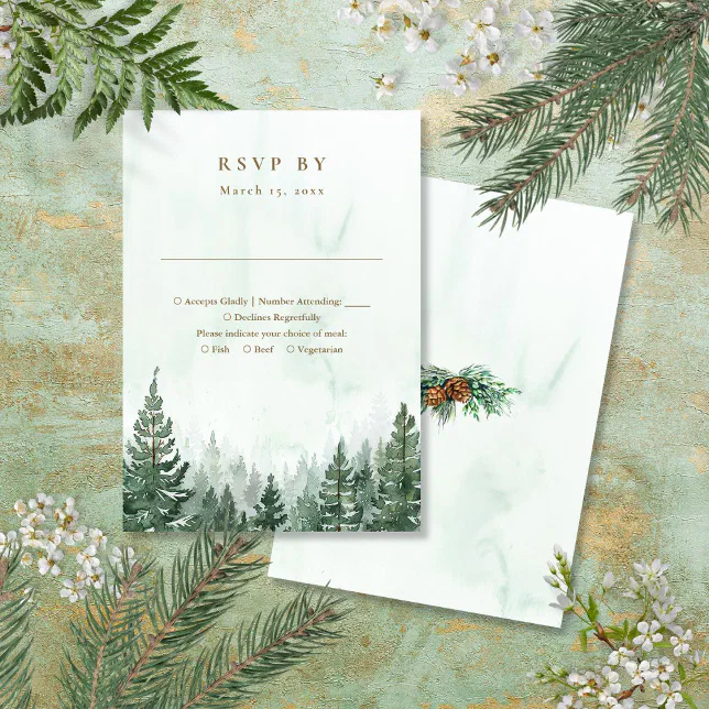 Rustic Watercolor Pine Tree Forest Wedding RSVP Card | Zazzle