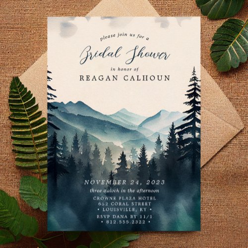 Rustic Watercolor Pine Tree Mountain Bridal Shower Invitation