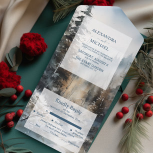 Rustic Watercolor Pine Tree Wedding All In One Invitation