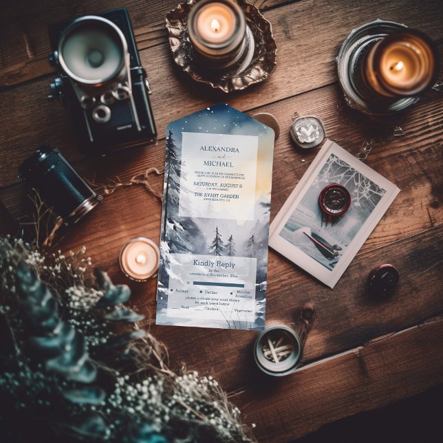 Rustic Watercolor Pine Tree Wedding All In One Invitation (Creator Uploaded)