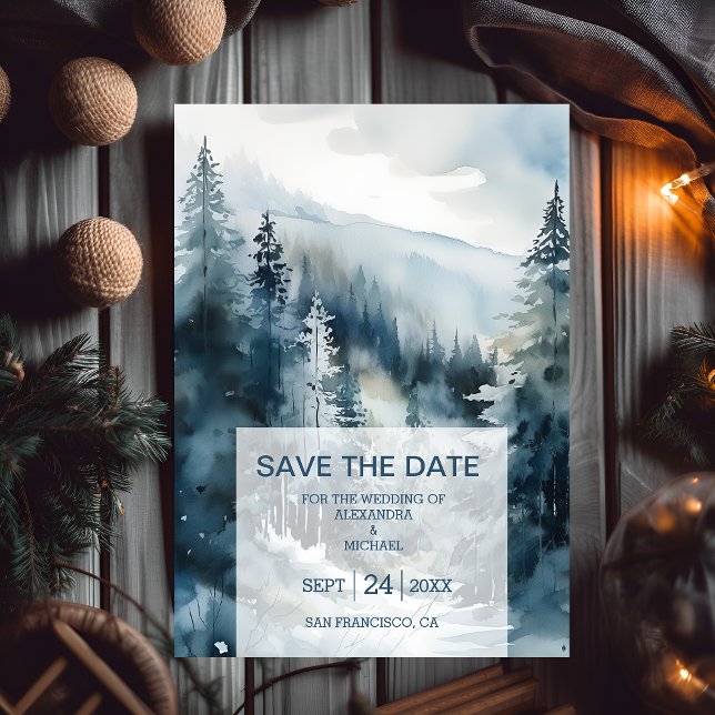 Rustic Watercolor Pine Tree Wedding Save The Date (Creator Uploaded)