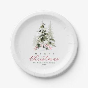 Rustic Watercolor Pine Trees Custom Christmas Paper Plates