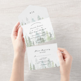 Rustic Watercolor Pine Trees Forest Wedding All In One Invitation