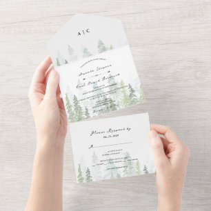 Rustic Watercolor Pine Trees Forest Wedding All In One Invitation