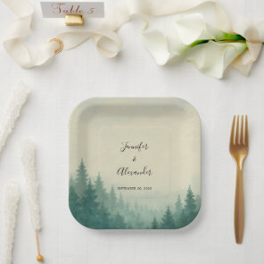 Rustic watercolor pine trees forest wedding paper plates