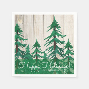 Rustic Watercolor Pine Trees Happy Holidays Paper Napkins