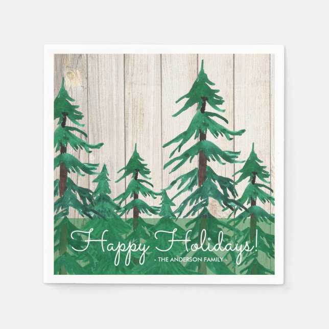 Rustic Watercolor Pine Trees Happy Holidays Paper Napkins (Front)