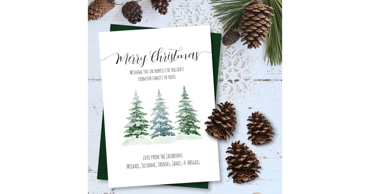Rustic Watercolor Pine Trees Merry Christmas Holiday Card | Zazzle