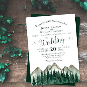 Rustic Watercolor Pine Trees & Mountains Wedding Invitation