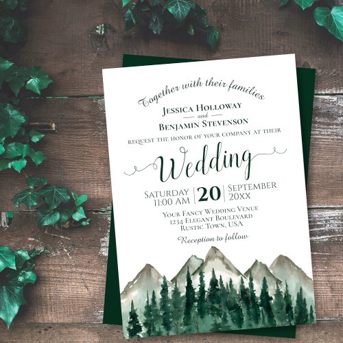 Rustic Watercolor Pine Trees  Mountains Wedding Invitation
