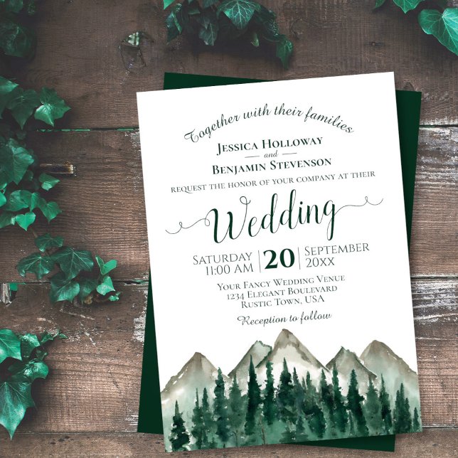 Rustic Watercolor Pine Trees & Mountains Wedding Invitation (In Situ Front/Back)