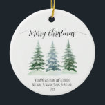 Rustic Watercolor Pine Trees Photo Back Christmas Ceramic Ornament<br><div class="desc">This beautiful holiday ornament features a simple yet elegant design with three snow covered watercolor pine, spruce, or fir trees, and elegant script lettering reading Merry Christmas. There is room for a short note/signature with your photo on the back. Wonderful way to send season's greetings or create an annual keepsake...</div>