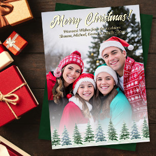 Rustic Watercolor Pine Trees Photo Christmas Foil Holiday Card