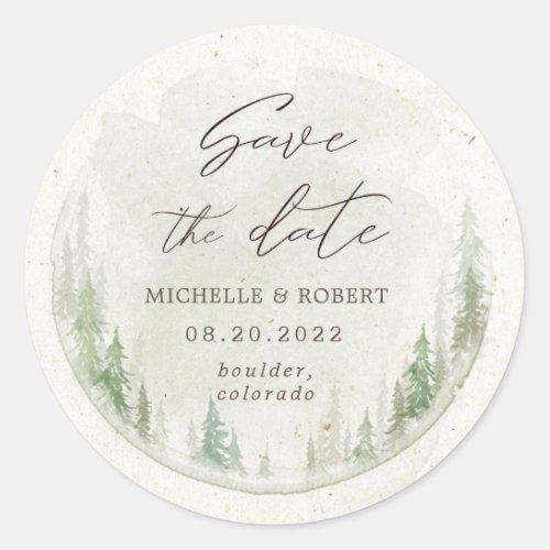 Rustic Watercolor Pine Trees Save The Date  Classic Round Sticker
