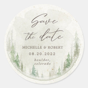 Rustic Watercolor Pine Trees Save The Date Classic Round Sticker