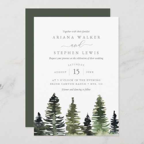 Rustic Watercolor Pine Trees Wedding Invitation