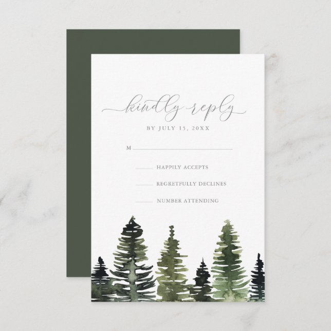 Rustic Watercolor Pine Trees Wedding RSVP Card (Front/Back)
