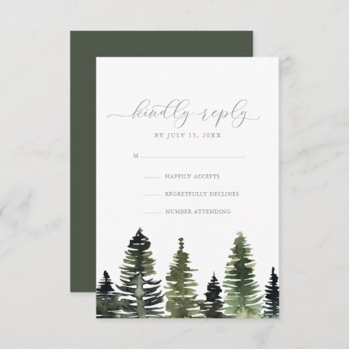 Rustic Watercolor Pine Trees Wedding RSVP Card