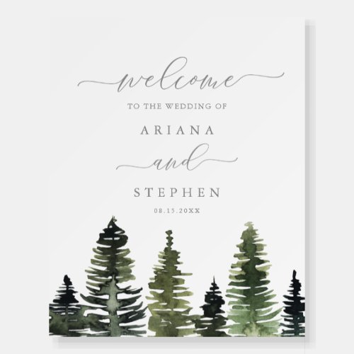 Rustic Watercolor Pine Trees Wedding Welcome Sign