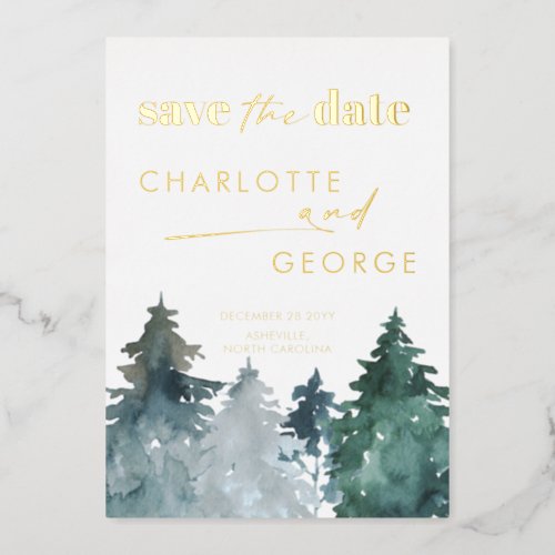 Rustic Watercolor Pine Trees Winter Save The Date Foil Invitation