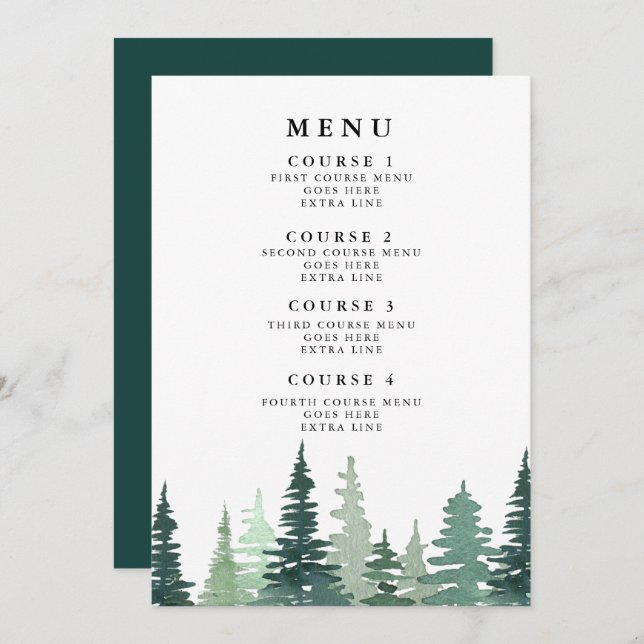 Rustic Watercolor Pine Winter Wedding Menu (Front/Back)
