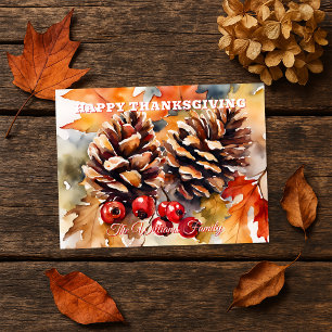 Rustic Watercolor Pinecone Family Thanksgiving Holiday Postcard