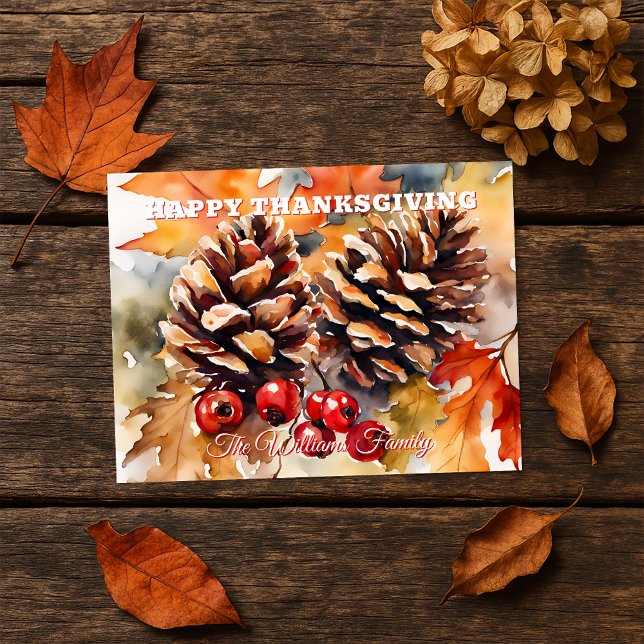 Rustic Watercolor Pinecone Family Thanksgiving Holiday Postcard (Creator Uploaded)