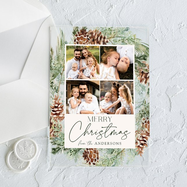 Rustic Watercolor Pinecone Photo Collage Holiday Acrylic Invitations (Creator Uploaded)