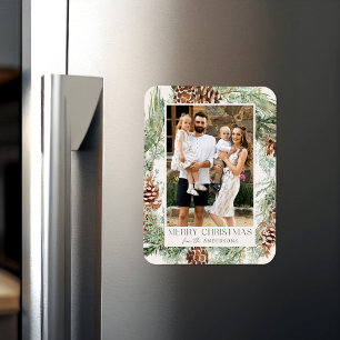 Rustic Watercolor Pinecone Wreath Holiday Photo Magnet