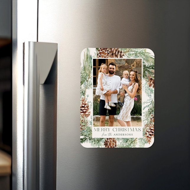 Rustic Watercolor Pinecone Wreath Holiday Photo Magnet (Creator Uploaded)