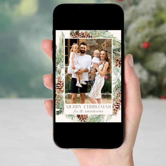 Rustic Watercolor Pinecone Wreath Photo Holiday Card (Front Digital)