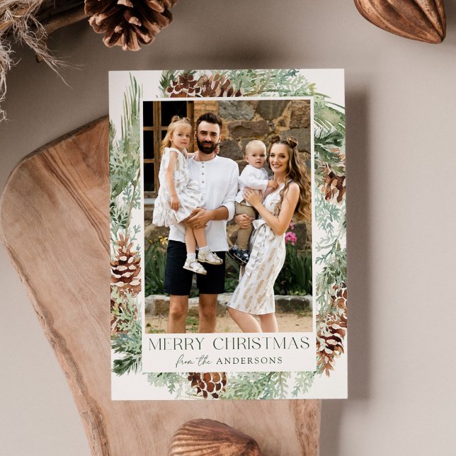 Rustic Watercolor Pinecone Wreath Photo Holiday Card (Creator Uploaded)