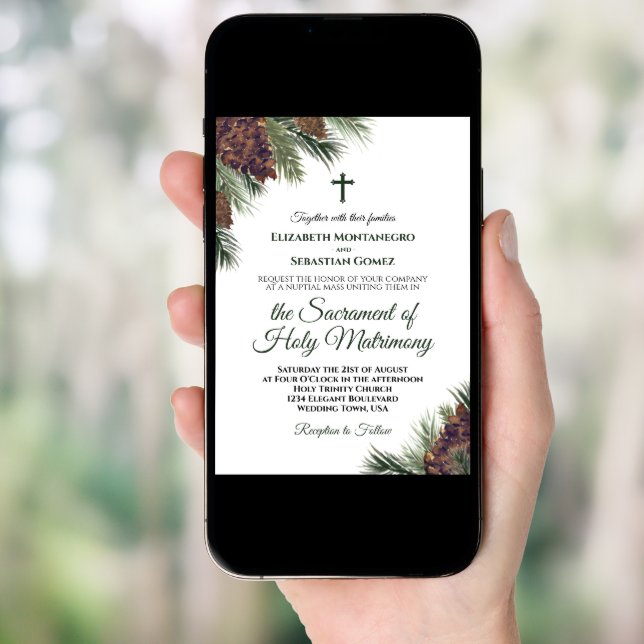 Rustic Watercolor Pinecones Catholic Wedding Invitation (Front Digital)