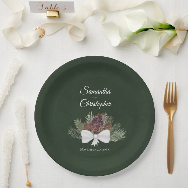 Rustic Watercolor Pinecones Couples Names Wedding Paper Plates (Wedding)