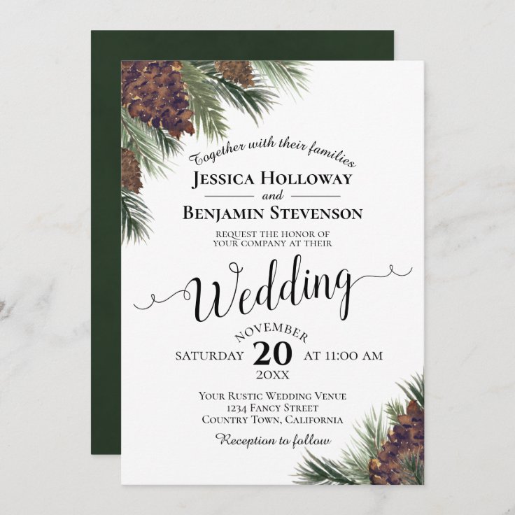 Rustic Watercolor Pinecones Elegant Winter Wedding Invitation | Zazzle