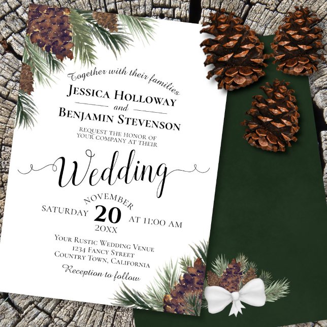 Rustic Watercolor Pinecones Elegant Winter Wedding Invitation (In Situ Front and Back)
