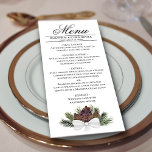 Rustic Watercolor Pinecones Elegant Winter Wedding Menu<br><div class="desc">This beautiful menu will add some style to your wedding reception. It features a beautiful and rustic design with a cluster of pinecones and pin, fir, or spruce branches tied with a white satin bow. There is space for the names of the couple and wedding date, and the text is...</div>
