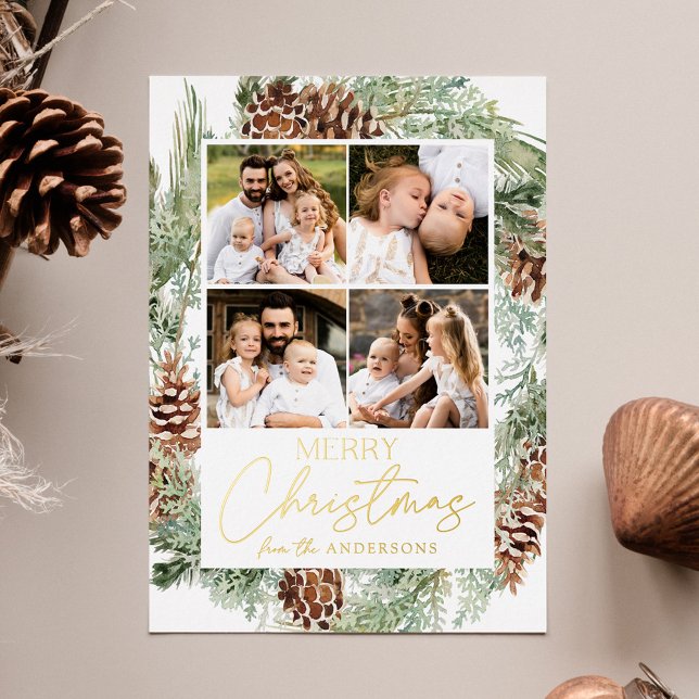Rustic Watercolor Pinecones Photo Collage Foil Holiday Card (Creator Uploaded)