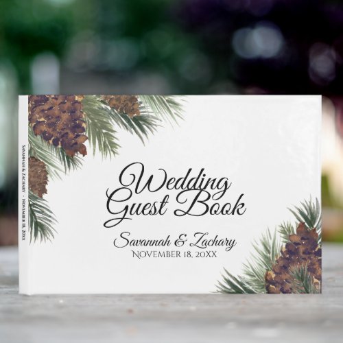 Rustic Watercolor Pinecones  Pine Boughs Wedding Guest Book