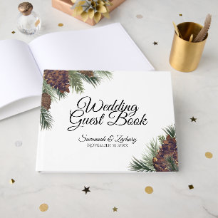 Rustic Watercolor Pinecones & Pine Boughs Wedding Guest Book
