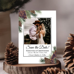 Rustic Watercolor Pinecones Square Photo Wedding Save The Date