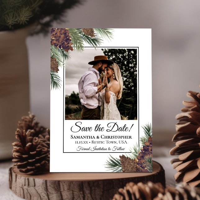 Rustic Watercolor Pinecones Square Photo Wedding Save The Date (Creator Uploaded)