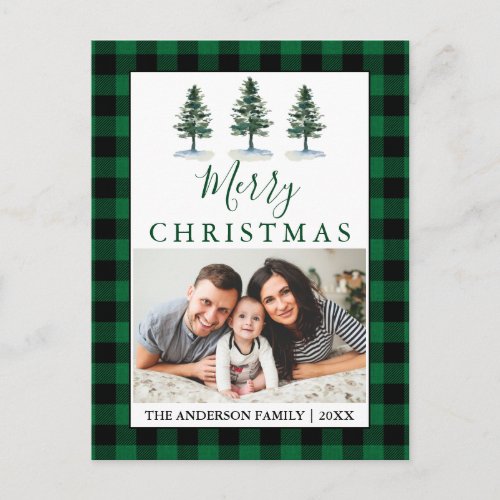 Rustic Watercolor Pines Green Plaid Photo Postcard