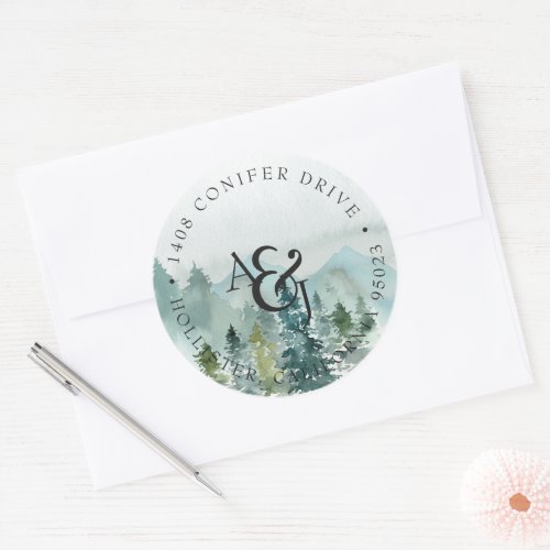 Rustic Watercolor Pines Monogram Wedding Classic Round Sticker