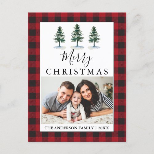 Rustic Watercolor Pines Red Plaid Photo Postcard