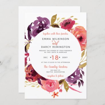 Rustic Watercolor Pink and Purple Floral Wedding Invitation