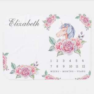 Rustic Watercolor Pink Floral Unicorn Milestone Baby Blanket